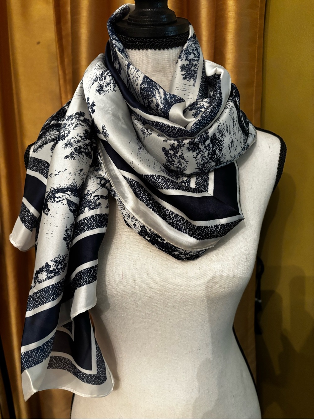 Classic Navy and White Silk-Feel Scarf - Women Accessories